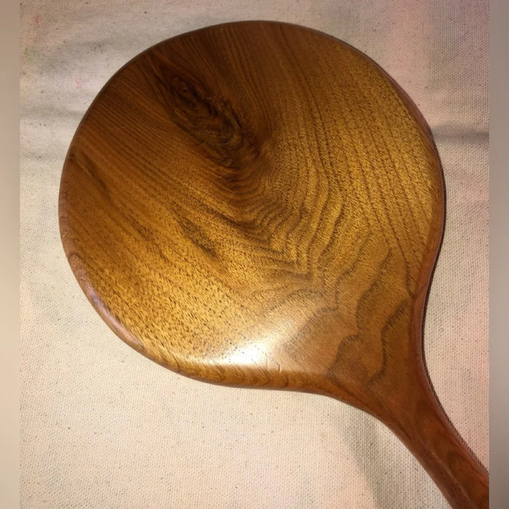 Wooden Round Long Handled Hand Mirror-Handcrafted/vintage 1980s -16.5” long